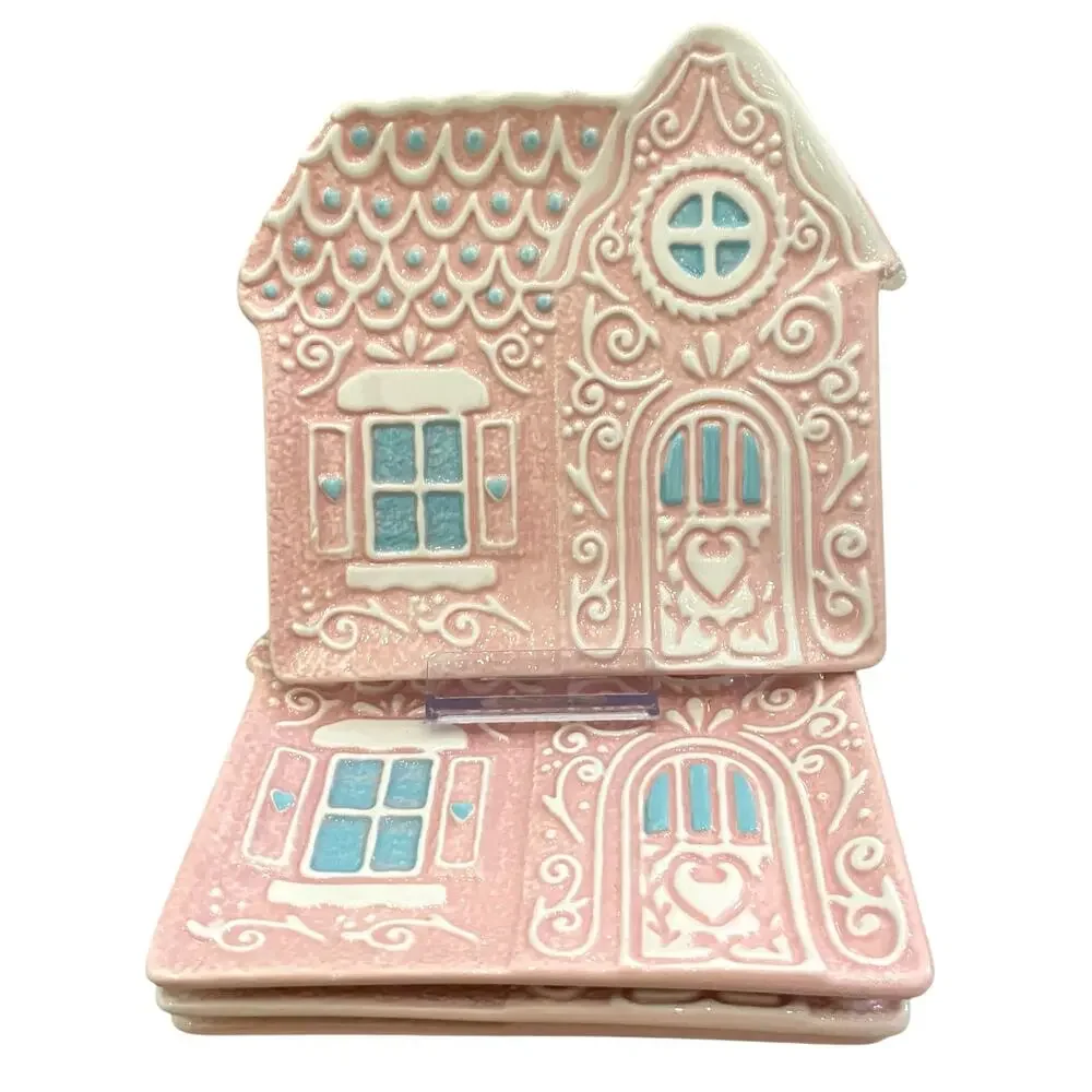 Godinger Pastel Pink Gingerbread House 6in Ceramic Appetizer Plates New